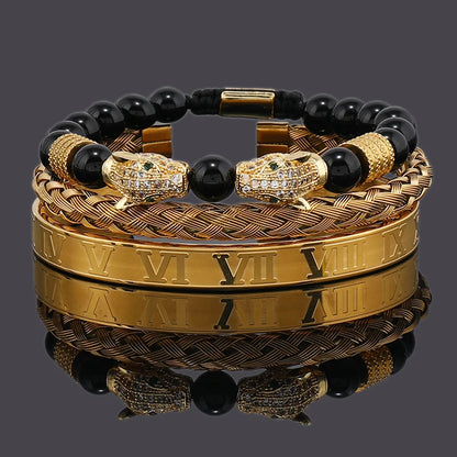 Luxury Black Stone Beads Leopard Head Man Bracelet