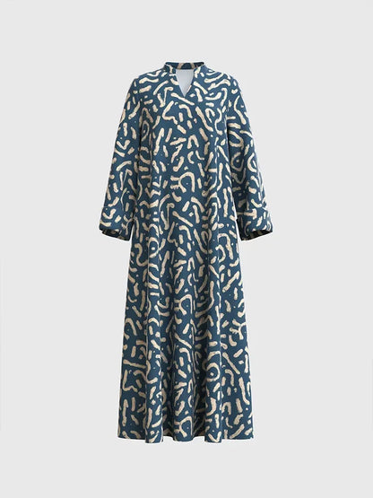 Rafiah Select Women's Dresses Summer Midi A Line Long Dresses Korean Elegant Decent Fashion 2025 Full Print Long Sleeve V-Neck
