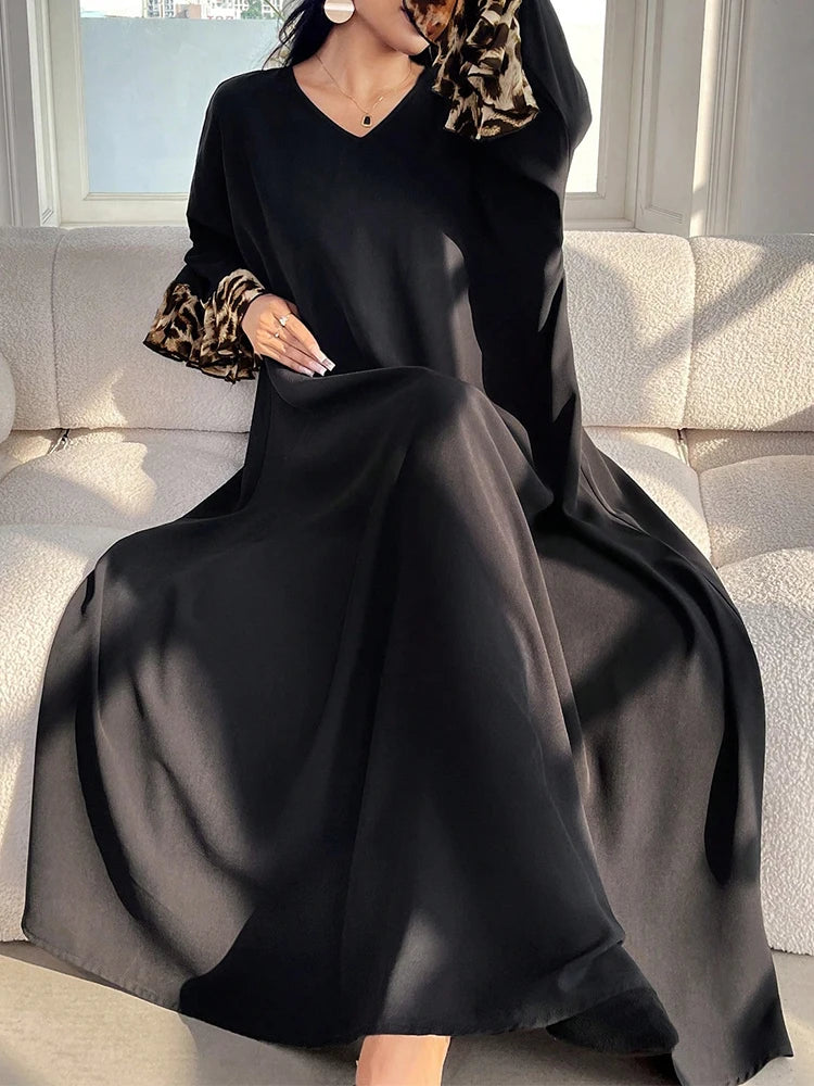 Rafiah Modest Women's Long Dress with Pattern Long Sleeves Colorful in Arabic Style Casual Hijab Scarf Maxi Abayas Dresses