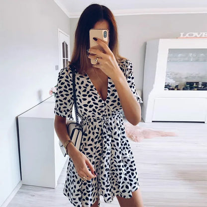 White Sand Spot Mini Summer  Women V Neck Casual Beach Sundress Sexy Botton Wrap Bodycon Dress Female