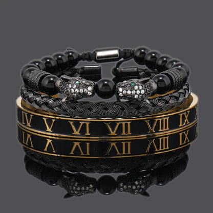 Luxury Black Stone Beads Leopard Head Man Bracelet