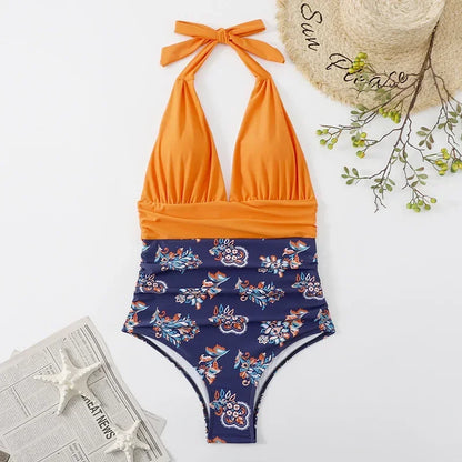 Fashion Printed One Piece Swimsuit Women Bathing Suit Sexy Bikinis Swimming Suits Ladies Beachwear Backless Lace Up Swimwear