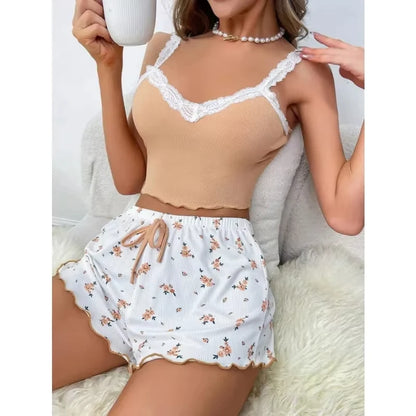 Women 2psc Pajama Set Pink Lace Patchwork V-Neck