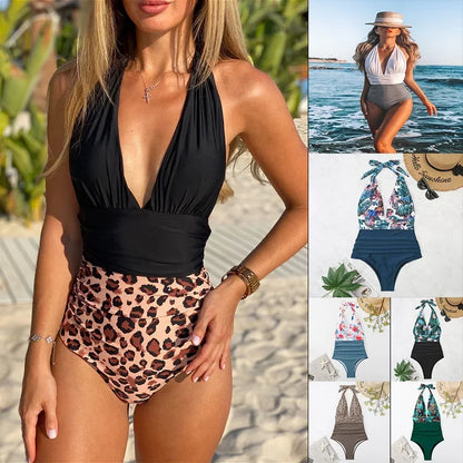 Fashion Printed One Piece Swimsuit Women Bathing Suit Sexy Bikinis Swimming Suits Ladies Beachwear Backless Lace Up Swimwear