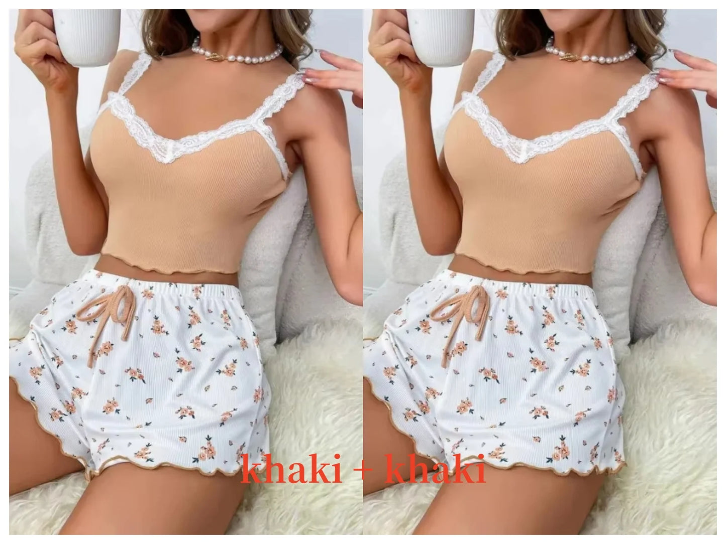 Women 2psc Pajama Set Pink Lace Patchwork V-Neck