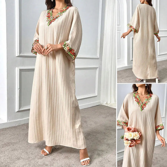 Rafiah Boutique Women's Even Dress Modest Fashion Screw Thread Sophisticated Long Sleeve V-Neck Appliques Loose Fit Dresses