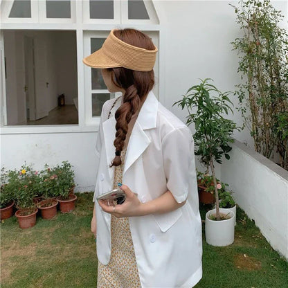 SMVP 2025 Women's Summer Short-sleeved Jacket Casual All-match Loose Double-breasted Blazers Coat Woman Korean Chic White Blazer