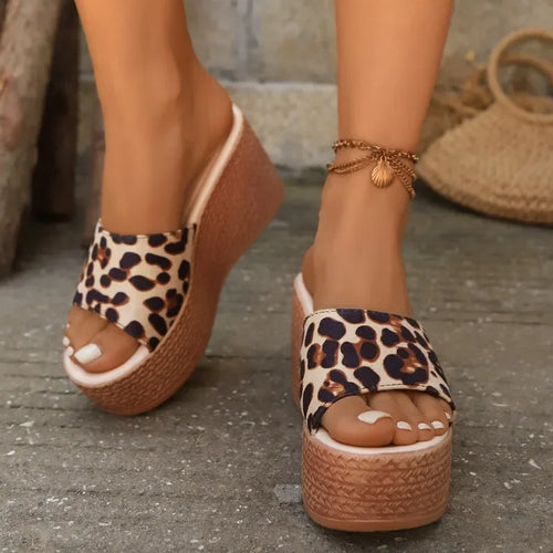 Women's Slippers Leopard Print Wedge High Heel Slingback