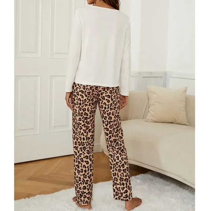 Aututmn Winter Leopard Print Pajamas for Women Heart Pattern