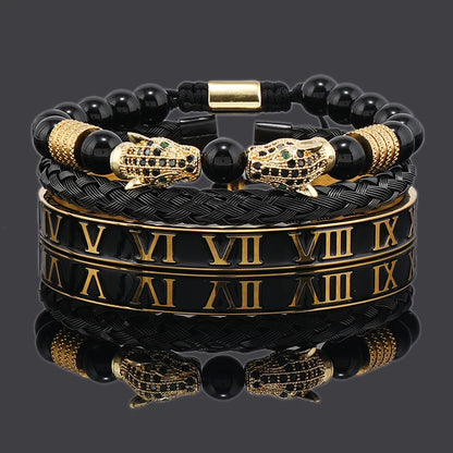 Luxury Black Stone Beads Leopard Head Man Bracelet