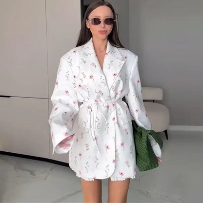 Floral Fashion Belts Blazer Coat Women Shoulder Pads Single Breasted Notched Long Sleeve Street Jacket 2025 Spring Holiday Party
