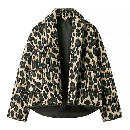 Fashion All Match Cardigan Leopard Print Jacket Women Lapel Pocket Loose Casual Coat New In Clothes Retro Open Stitch Outerwear