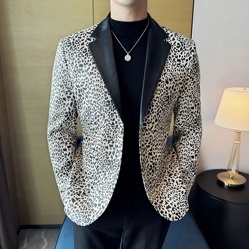 Splicing Leather Collar Men's Suit Jacket Blazer