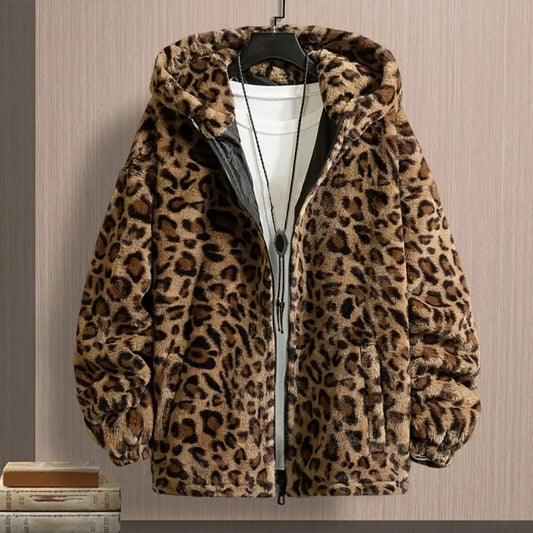 Leopard Print Cotton-padded Overcoat Autumn Men Jacket