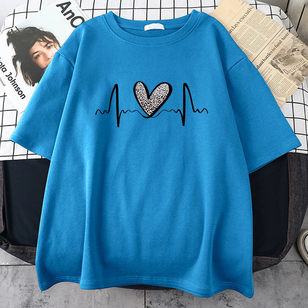 Fluctuating Leopard Heart Electrocardiogram T-Shirt Women Summer Soft Clothing Fashion Short Sleeve Plus Size Cotton Tshirts