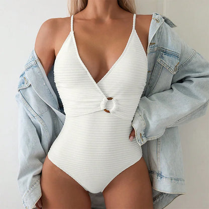 One Piece Swimsuit Deep V Neck Bodysuit Solid Color Suspender Bikini Women's Swimsuit Bathing Suit Beach Outfits Swimwear