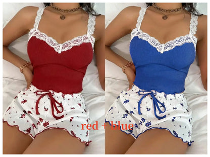 Women 2psc Pajama Set Pink Lace Patchwork V-Neck