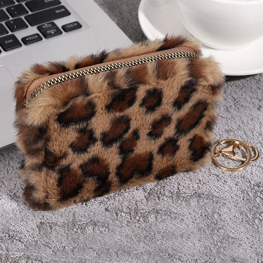 Fashion Leopard Print Plush Short Wallet with Keychain
