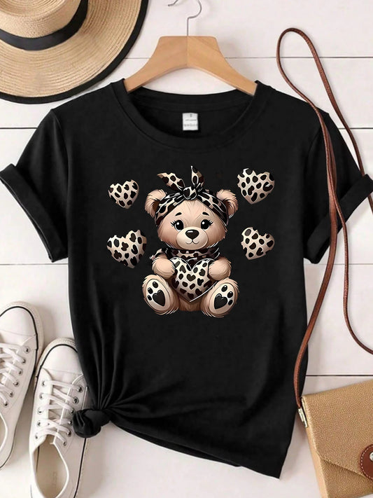 Leopard bear pattern round neck plus size women T-shirt