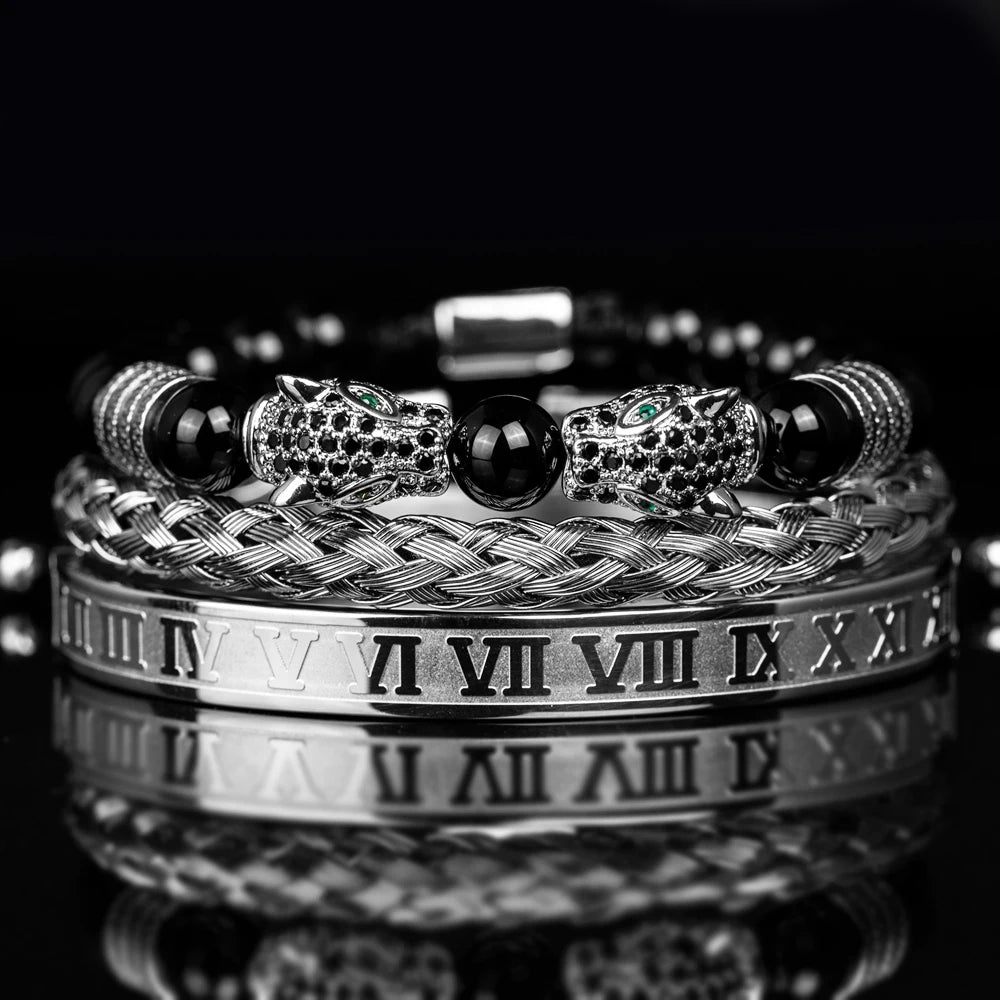 3PCS Mens Premium Black Agate Beaded Bracelet Set