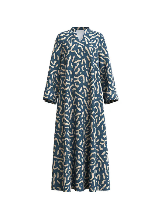 Rafiah Select Women's Dresses Summer Midi A Line Long Dresses Korean Elegant Decent Fashion 2025 Full Print Long Sleeve V-Neck