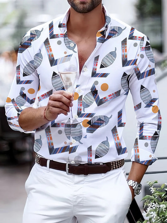 Fashion Tiger Chain Leopard Pattern Feather Digital Print Men's Long Sleeved Shirt Leisure Party Street Hawaiian Polo Neck Shirt