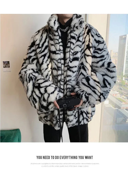 Tiger Stripes Printed Men Jacket Loose Fluffy Imitation