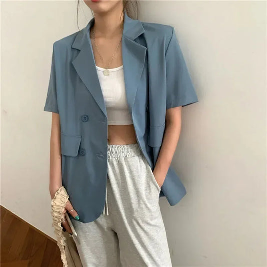 SMVP 2025 Women's Summer Short-sleeved Jacket Casual All-match Loose Double-breasted Blazers Coat Woman Korean Chic White Blazer