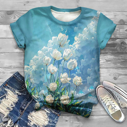 Flower Floral Pattern 3D Print T-Shirts Women Casual O-Neck Short Sleeve T Shirt Y2k Harajuku Tee Streetwear Top Female Clothing