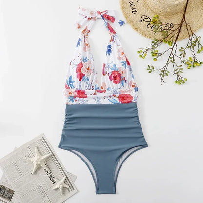Fashion Printed One Piece Swimsuit Women Bathing Suit Sexy Bikinis Swimming Suits Ladies Beachwear Backless Lace Up Swimwear