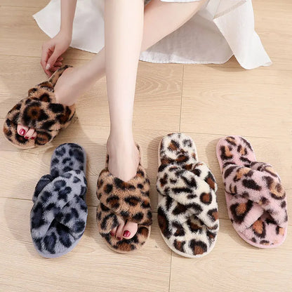Cross Strap Fluffy Slippers Leopard Women
