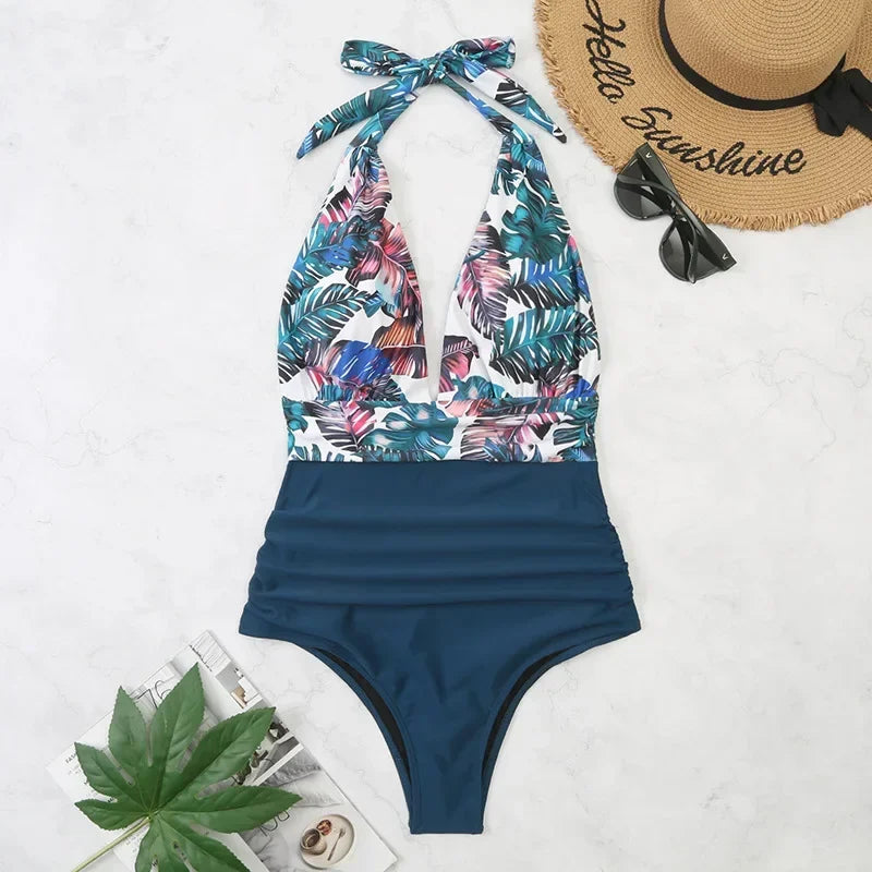 Fashion Printed One Piece Swimsuit Women Bathing Suit Sexy Bikinis Swimming Suits Ladies Beachwear Backless Lace Up Swimwear