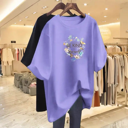 Women Clothing Floral Printing Pure Cotton Basic T-shirts Summer Fashion O-neck Short Sleeve Loose Tee Casual Chic Tops 45-105Kg
