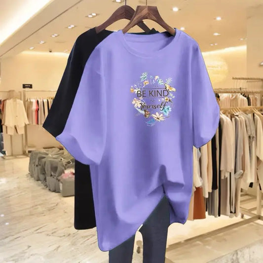 Women Clothing Floral Printing Pure Cotton Basic T-shirts Summer Fashion O-neck Short Sleeve Loose Tee Casual Chic Tops 45-105Kg
