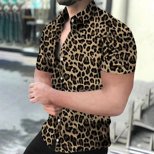 Summer Men's Hawaiian Shirts Lapel Camisa Leopard