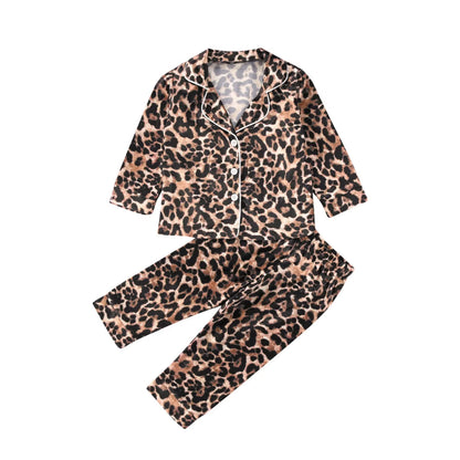 1-6Y Kids Girls Leopard Pajamas Set Baby Sleepwear Summer Autumn Short Sleeve Casual Satin Pyjamas Children Nightwear
